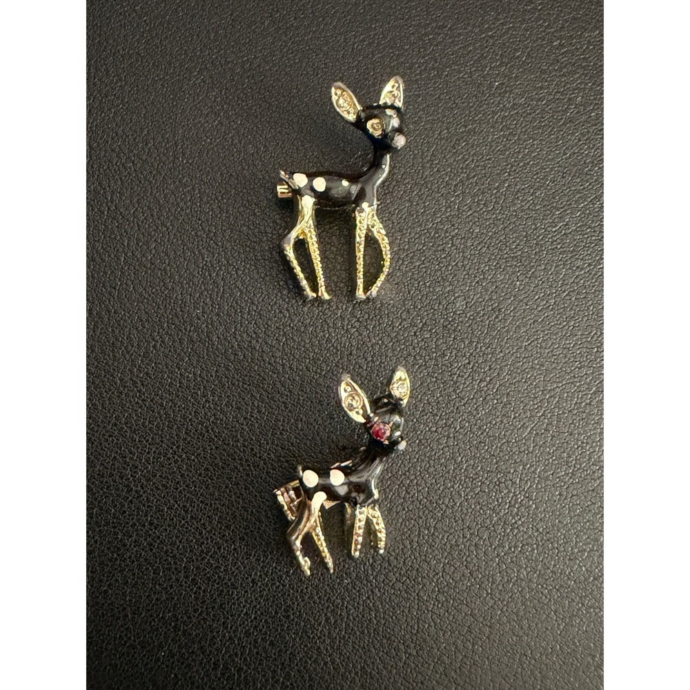 Vintage Spotted Deer Brooch Set of 2 Black Enamel Pin Mini READ - Picture 3 of 9